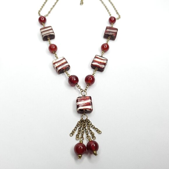 Vintage Red Silver Glass Beaded Tassel Y Necklace Station Hand Made Beads - Picture 2 of 4